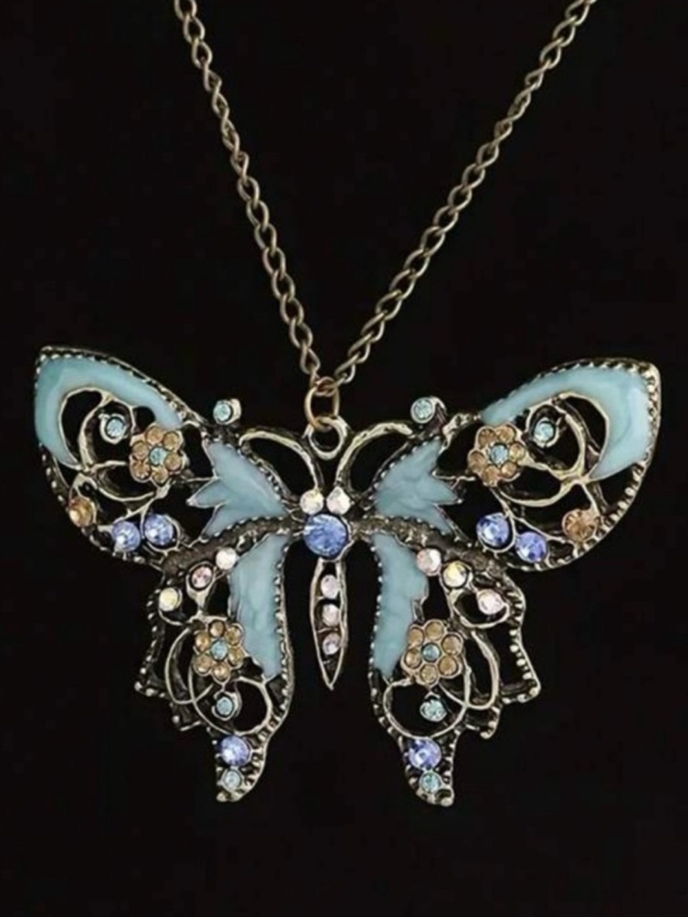 “Lacey Aqua Blue Butterfly” Ornate Floral Gem Encrusted Summer Festival Necklace